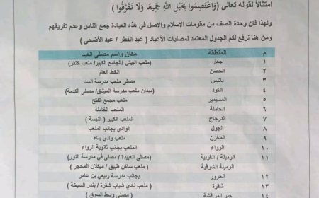 مكتب الأوقاف والإرشاد خنفر ينشر تعميم بأماكن مصليات العيد المعتمدة في المديرية