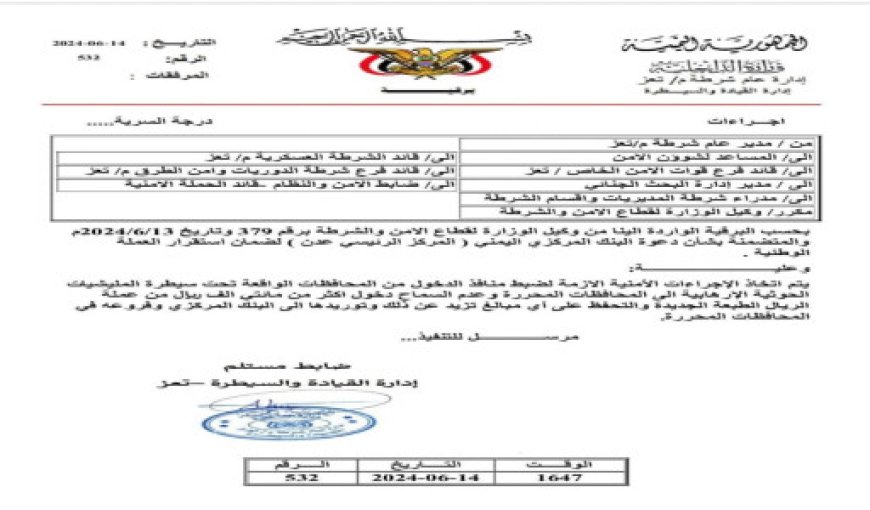 تحديد مبالغ النقود المسموح بحملها لدخول أو مغادرة مدينة تعز