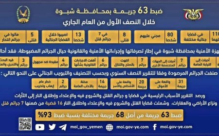 وزارة الداخلية تشيد بالإنجازات الأمنية المحققة في محافظة شبوة خلال النصف الأول من العام الحالي 2024م