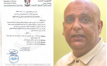 رئيس جامعة عدن يصدر قرار بتعيين الدكتور سعيد باخبيرة نائبا لعميد كلية الحقوق لشؤون الدراسات العليا