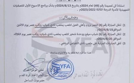فرع قدم الساحل يعلن إلغاء ملعب نادي التضامن من إقامة مواجهات تصفيات أندية ساحل حضرموت 