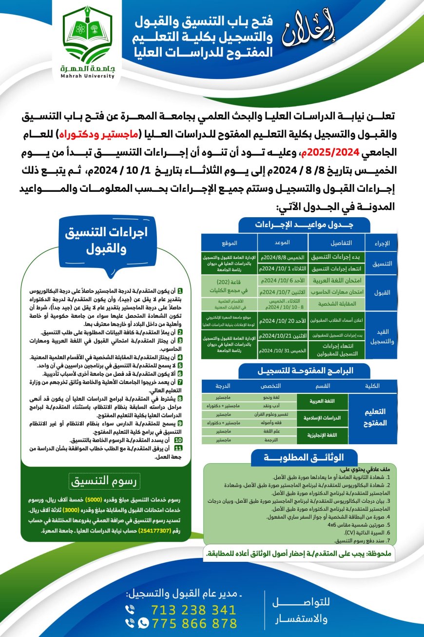 إعلان فتح باب التنسيق والقبول والتسجيل للدراسات العليا (ماجستير ودكتوراة) بكلية التعليم المفتوح بجامعة المهرة للعام الجامعي 2025/2024م