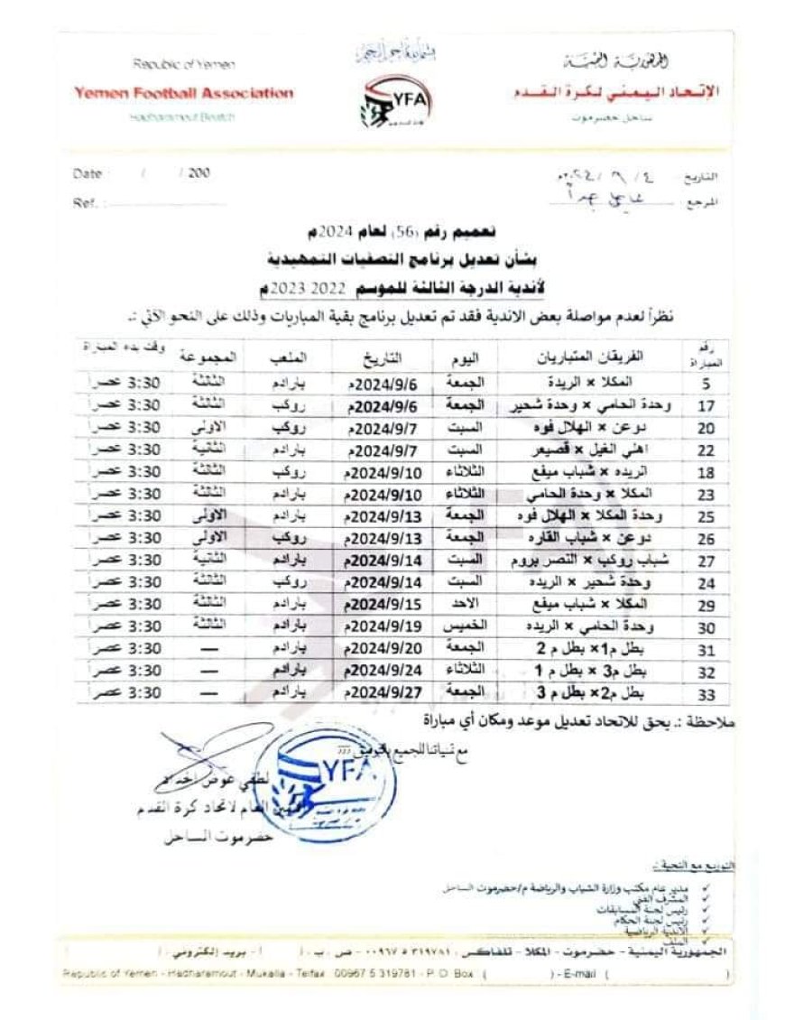 إتحاد قدم الساحل يصدر تعديلا لبرنامج  مباريات  تصفيات أندية ساحل حضرموت