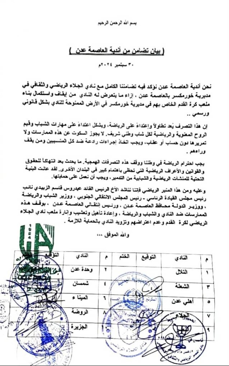 أندية عدن تعلن تضامنها مع نادي الجلاء الرياضي 