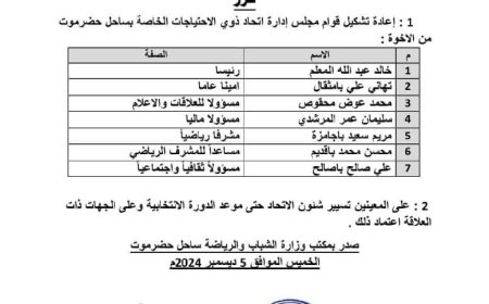 الإعلام الرياضي بساحل حضرموت يبارك إعادة تشكيل اتحاد ذوي الاحتياجات الخاصة