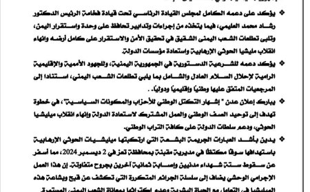 البرلمان العربي يؤكد دعمه للمجلس الرئاسي اليمني فيما يتخذه من إجراءات وتدابير تحافظ على وحدة واستقرار اليمن