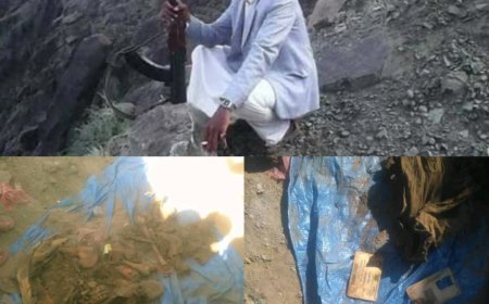 فضيحة حوثية.. العثور على جثـة متهالكة لاحد القيادات الميدانية مدفونة في خط ‎المخا تعز ومعها وثائق.