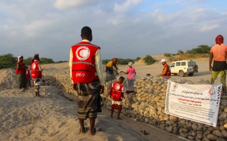 جمعية الهلال الأحمر بمحافظة أبين تنفذ مشروع حماية منطقة الكراديف بالجابيونات