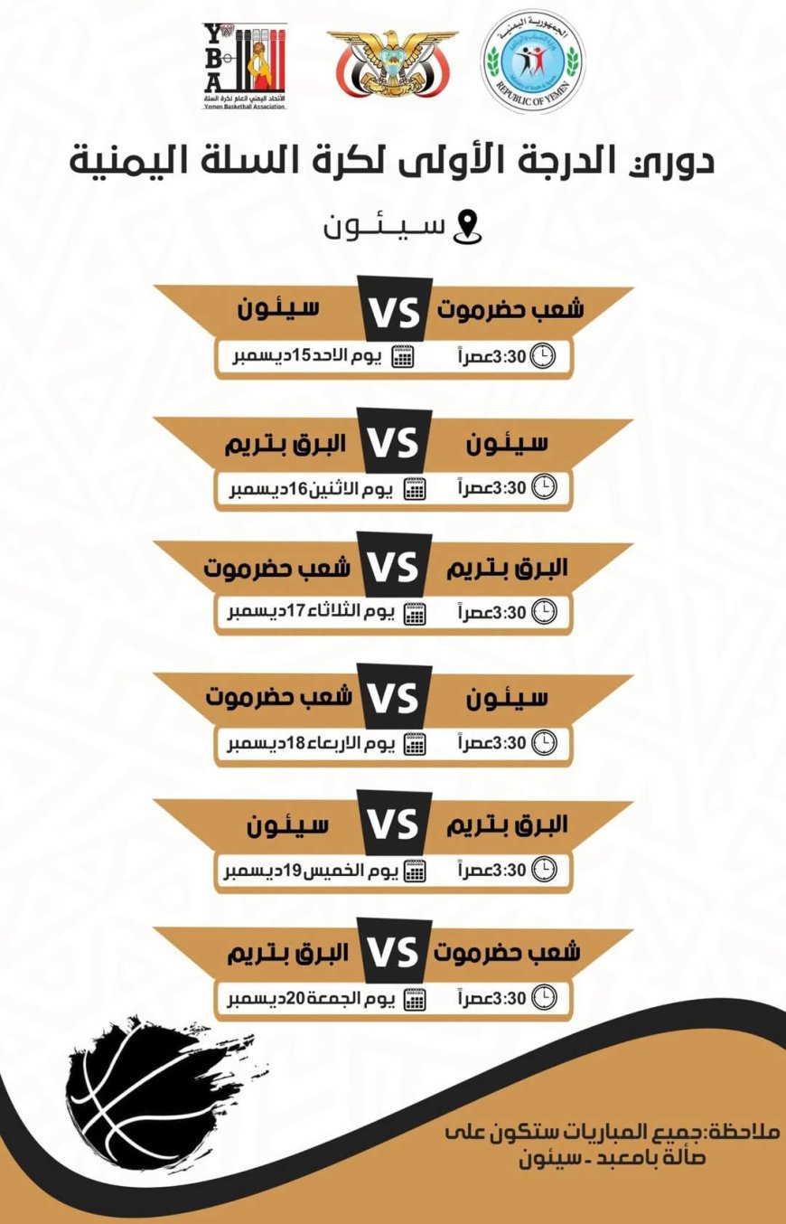 عبر الدرجة الأولى سلة حضرموت تعود من جديد.. غداً شعب حضرموت وسيئون في قمة افتتاح المرحلة الأولى لتجمّع سيئون