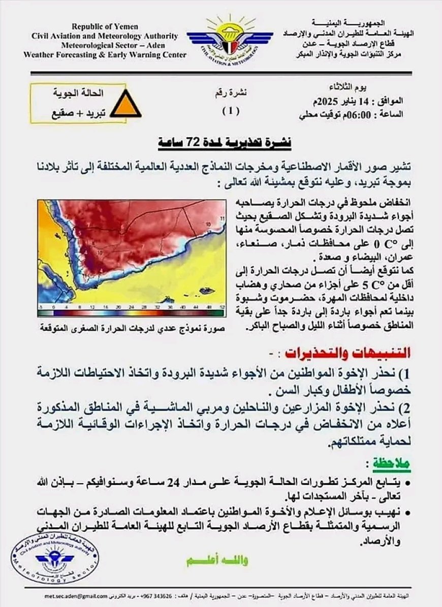 مركز التنبؤات الجوية والإنذار المبكر يحذر من موجة صقيع شديدة في عدد من المحافظات بينها شبوة