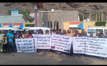 آل البان يحتشدون أمام محكمة استئناف عدن للمطالبة بتمكينهم من أراضيهم وفقا للأحكام والوثائق الشرعية