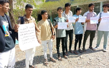 طلاب كلية التربية لودر ينظمون وقفة إحتجاجية أمام بوابة الكلية يطالبون أساتذتهم برفع الإضراب