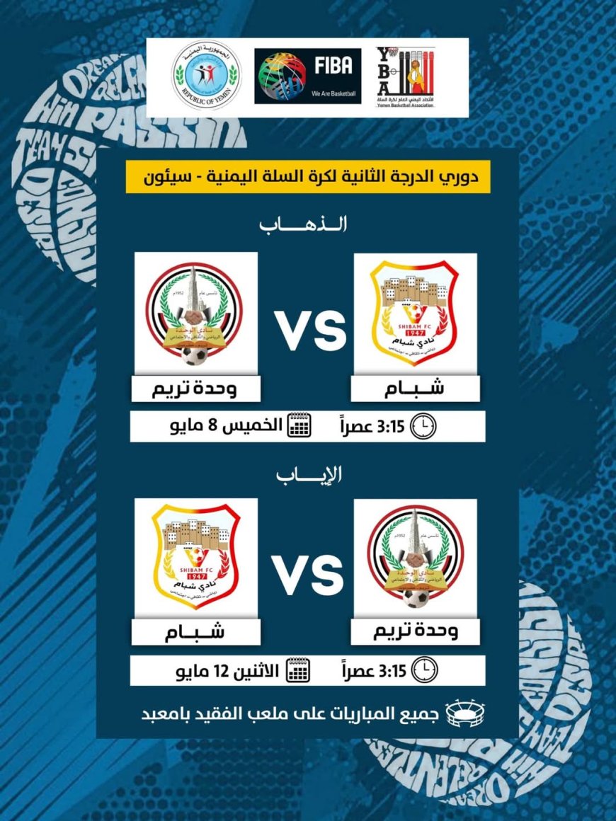 ذهاباً وإياباً.. شبام والوحدة تريم في مواجهة مصيرية لحجز بطاقة التأهل لتجمع الدرجة الأولى لكرة السلة