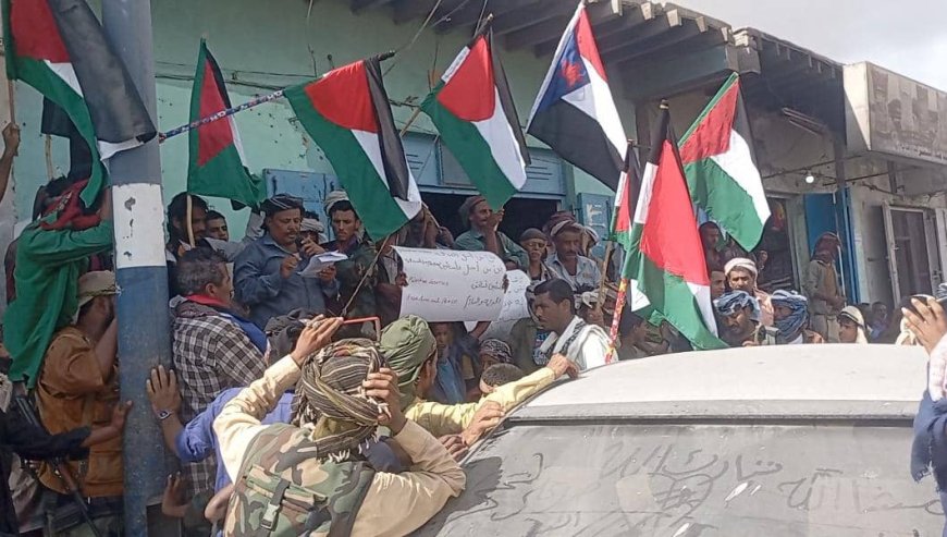 أحور تشهد مظاهرة حاشدة تضامنًا مع غزة وتنديداً بتدهور الأوضاع المعيشية في الجنوب