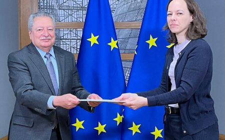 السفير مصطفى يسلم المستشارة ماري جين رسالة خطية من رئيس مجلس القيادة الرئاسي لرئيس مجلس الإتحاد الأوروبي
