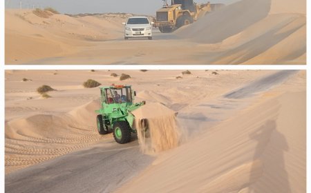 مواصلة أعمال إزاحة الرمال في منطقتي النشيمة وعرقة بمديرية رضوم بشبوة