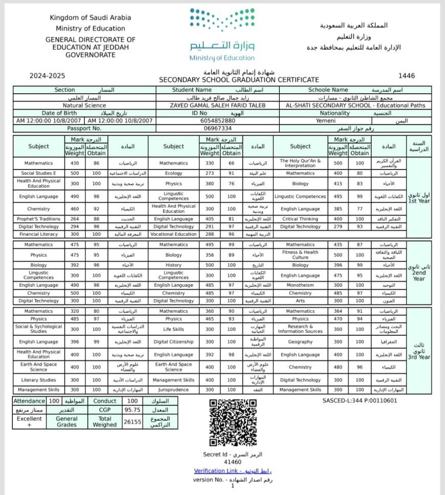 تفوق لافت للطالب زايد جمال صالح فريد بنسبة 95.75% وأسرة صالح فريد تعبّر عن فخرها