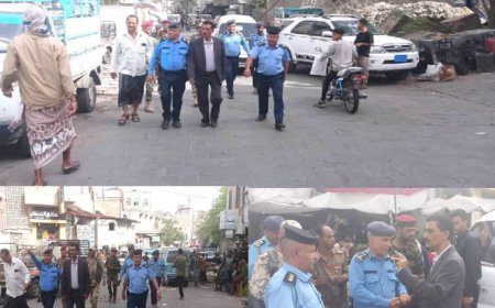المشمر وراجح يتفقدان شوارع مدينة تعز تمهيدًا لتنفيذ خطة شاملة لتنظيم الأسواق وإزالة العشوائيات