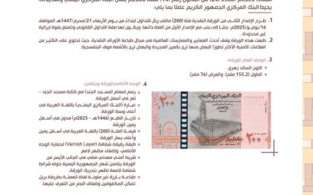 في ظل إنقسام نقدي حاد.. بنك صنعاء المركزي يعلن إصدار ورقة نقدية جديدة من فئة 200 ريال