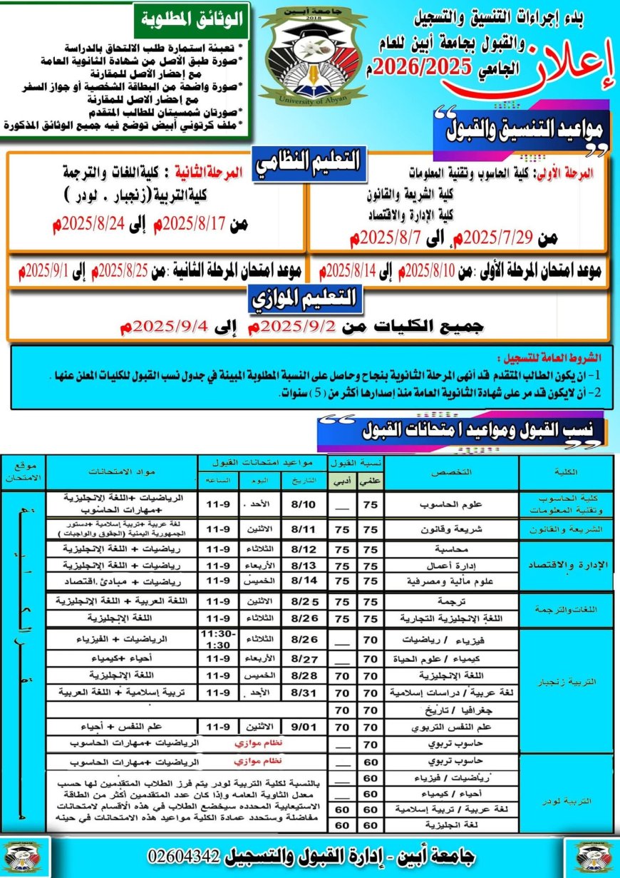 جامعة أبين تعلن عن بدء إجراءات التنسيق والتسجيل والقبول للعام الجامعي 2025-2026م