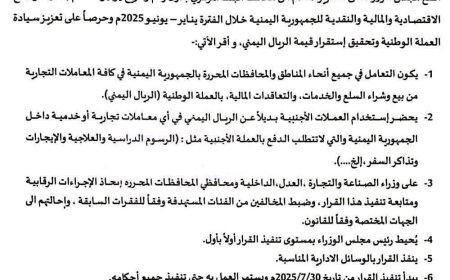 صدور قرار مجلس الوزراء بحظر استخدام العملات الأجنبية بديلاً عن العملة الوطنية في المعاملات التجارية والخدمية