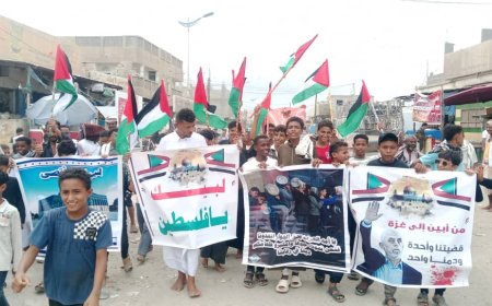 مسيرة حاشدة في محافظة أبين مديرية خنفر تضامنًا مع الشعب الفلسطيني تنديدا بالابادة الجماعية ..