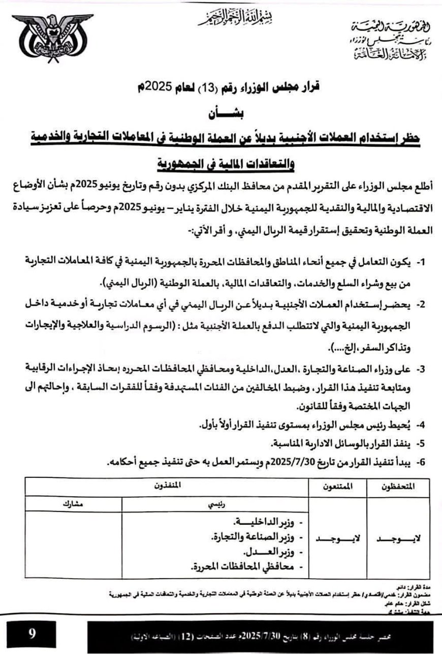 صدور قرار مجلس الوزراء بحظر استخدام العملات الأجنبية بديلاً عن العملة الوطنية في المعاملات التجارية والخدمية