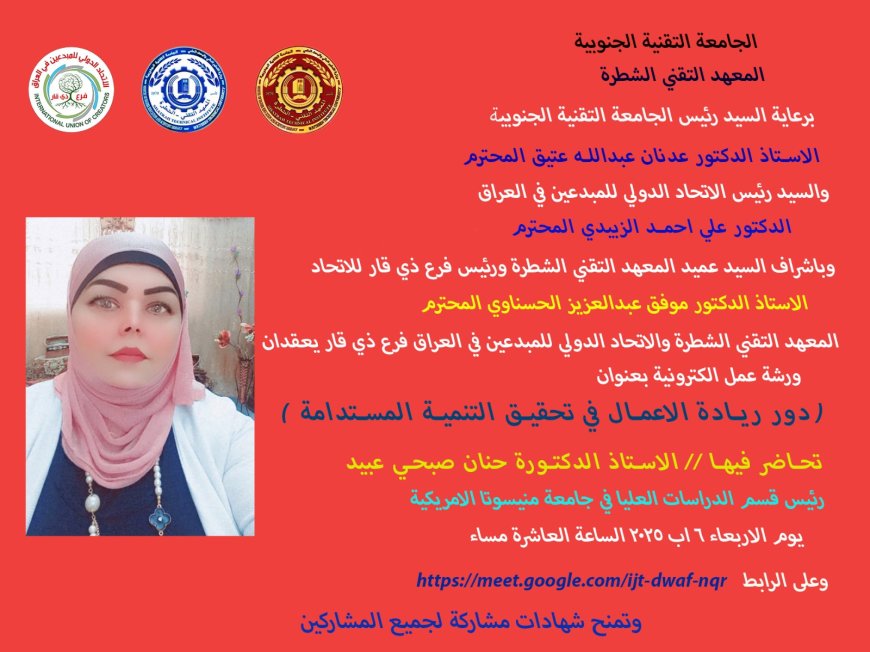 البروفيسور حنان صبحي تشارك في الورشة العلمية الدولية (دور ريادة الأعمال في تحقيق التنمية المستدامة)..