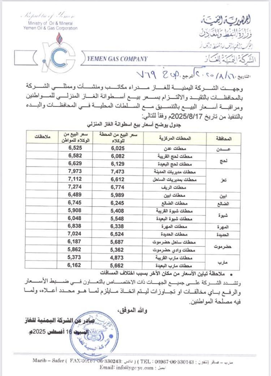 اليمنية للغاز تحدد أسعار أسطوانات الغاز المنزلي اعتبارًا من 17 أغسطس 2025م