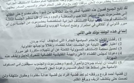 بيان صادر عن الوقفة الاحتجاجية بمدينة المكلا المطالبة بالإفراج عن الجندي قردع وبراءته ورفاقه من التهم الكيدية