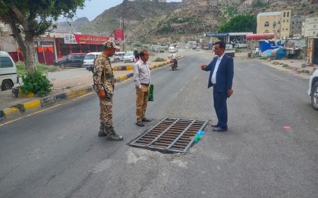 تعز.المشمر يوجه بتغيير شبك عبارات السيول بشارع وادي القاضي وعدد من شوارع المديرية