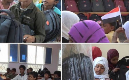 تعز.. خلية الأعمال الإنسانية توزع الحقائب المدرسية مع مستلزماتها في ذو باب والمندب غرب المدينة.