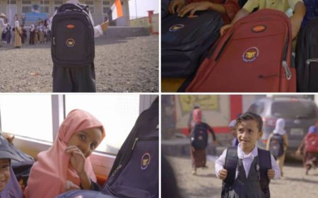 خلية الأعمال الإنسانية توزع حقائب مدرسية مع مستلزماتها على طلاب الوازعية بمحافظة تعز