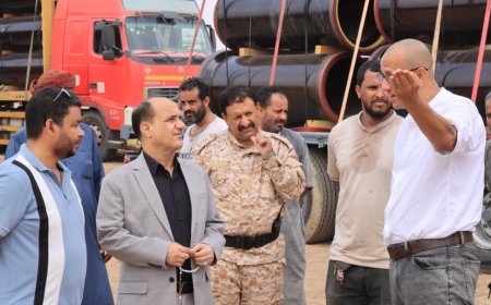 وصول الدفعه الاولى من أنابيب المشروع الاستراتيجي للصرف الممتد من جولة القعيطي وصولا الى مضخة العريش بساحل أبين