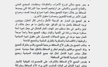 إجماع سياسي ومجتمعي في شبوة على دعم المحافظ بن الوزير وتفويضه بقيادة مؤتمر شبوة الشامل