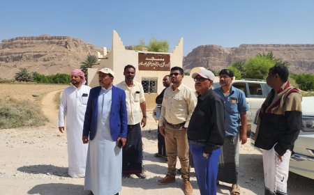 مدير عام مديرية تريم يتفقد أوضاع مجرى السيول بمنطقة ثبي والمساحات الزراعية بوادي الذهب