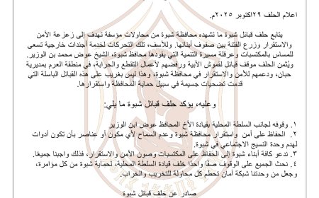 حلف قبائل شبوة بقيادة الشيخ الخبيلي يصدر بيانًا هامًا حول الأحداث الأخيرة بالمحافظة