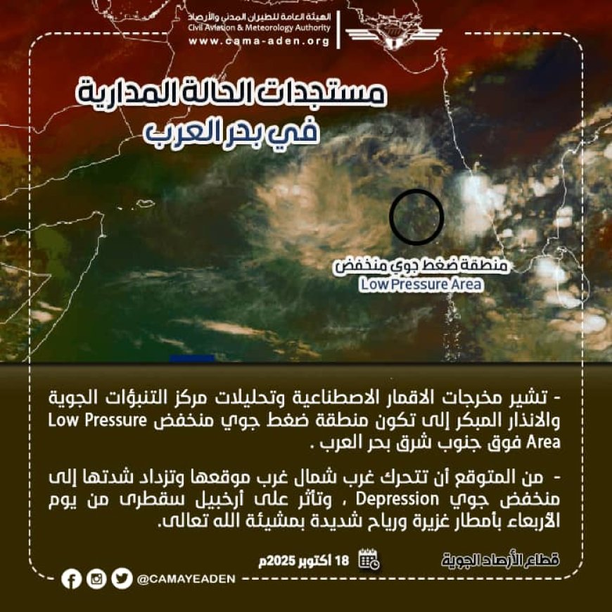 الأرصاد الجوية تكشف عن تكون منطقة ضغط جوي منخفض فوق جنوب شرق بحر العرب