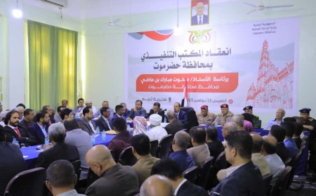 محافظ حضرموت يترأس اجتماعًا للمكتب التنفيذي بالمحافظة "ساحلاً وواديًا" ويؤكد أهمية انعقاده في تريم عرفانًا بدورها التنويري والتاريخي