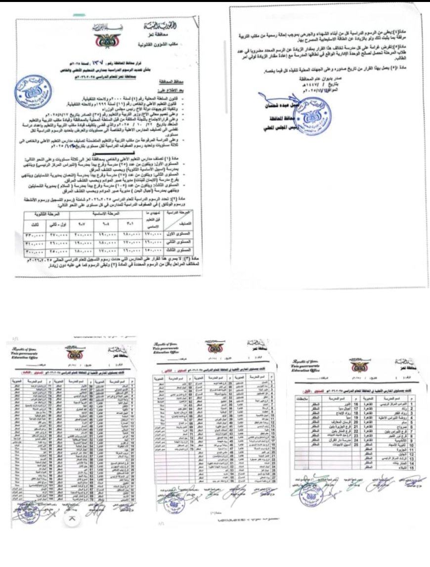 محافظ تعز يصدر قرار بتحديد الرسوم الدراسية بمدارس التعليم الأهلي والخاص بالمحافظة للعام الدراسي 2025-2026م.