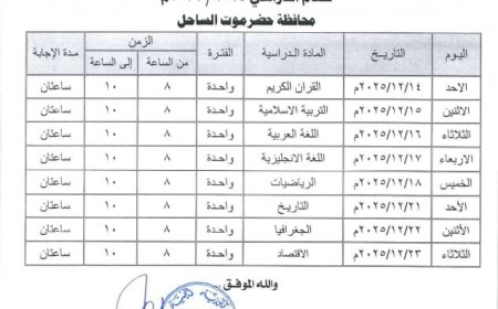 مكتب تربية حضرموت يصدر جدول اختبارات الفصل الاول من العام الدراسي 2025-2026