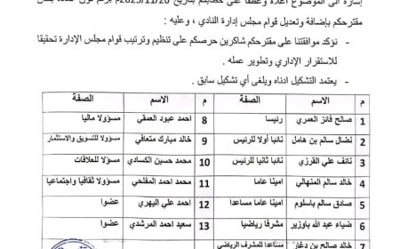 مكتب الشباب والرياضة بساحل حضرموت يقرّ التشكيل الجديد لمجلس إدارة نادي شعب حضرموت برئاسة المهندس صالح العمري