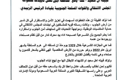 قبيلة "آل سعيد" بيافع كلد تُعلن تأييدها الكامل للمجلس الانتقالي والقوات المسلحة الجنوبية