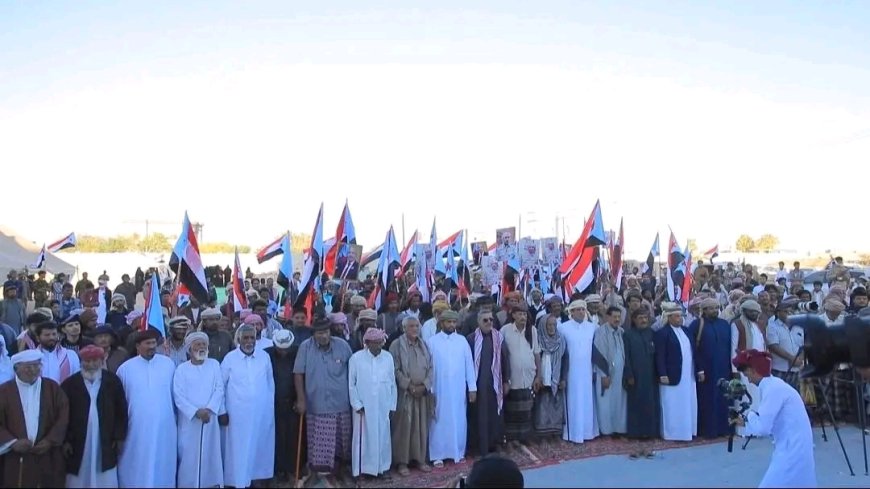 شيوخ ووجهاء مديرية حات ومناطق بلحاف ينضمون إلى ساحة الاعتصام الشعبي المفتوح بمدينة الغيضة