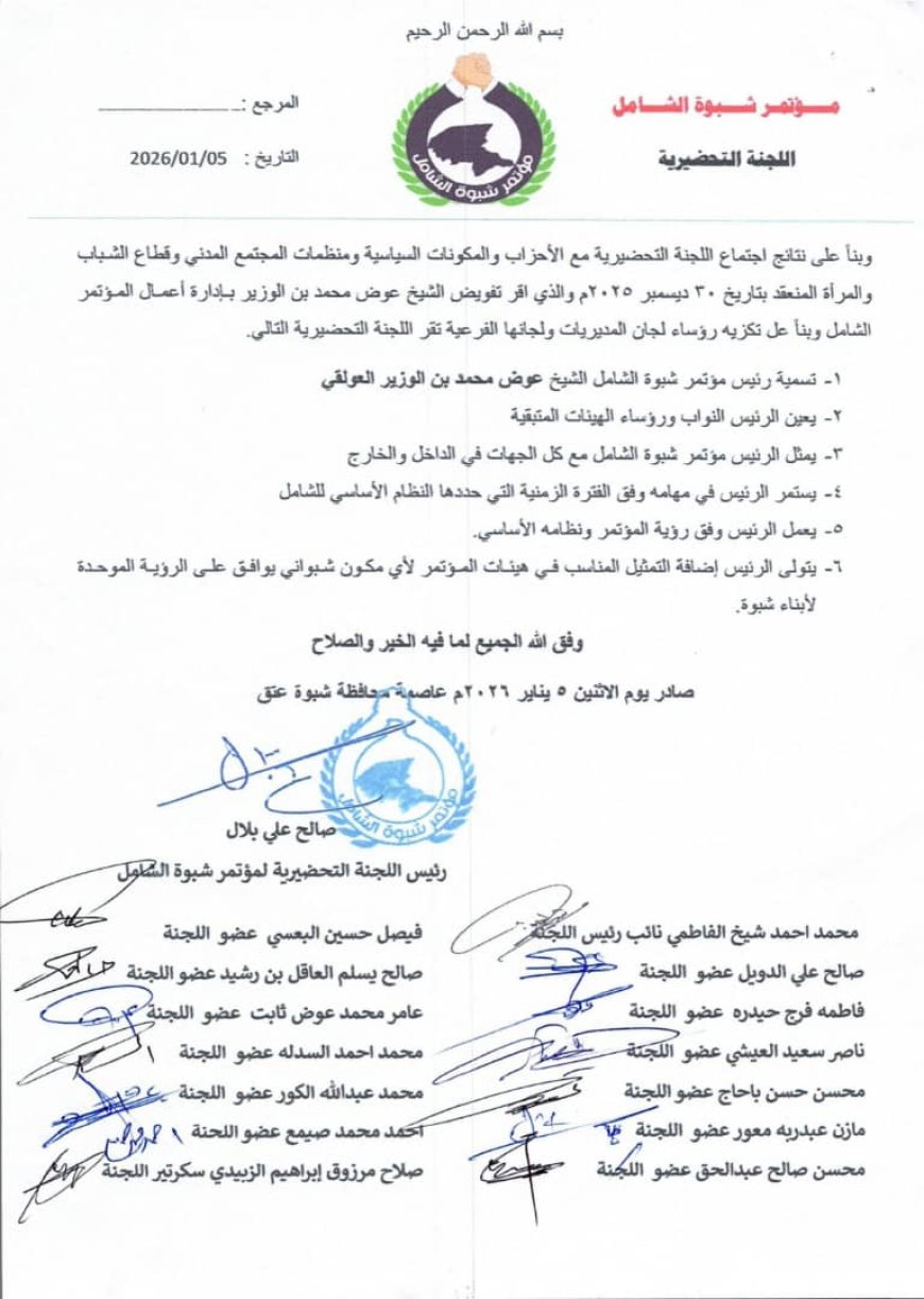 اللجنة التحضيرية تختتم مهامها وتُقِرّ نتائج انتخابات استكمال البناء التنظيمي لمؤتمر شبوة الشامل وتسمية قيادته