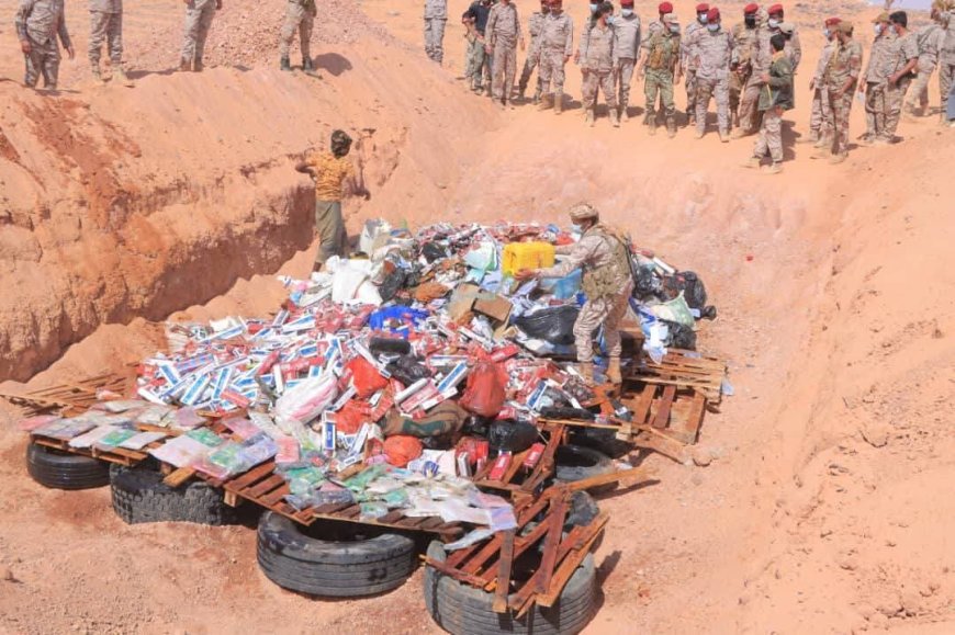 قيادة كتيبة منفذ الوديعة تُتلف كميات ضخمة من الممنوعات بينها 594 كجم من الحشيش وأكثر من 118ألف حبة كبتاجون