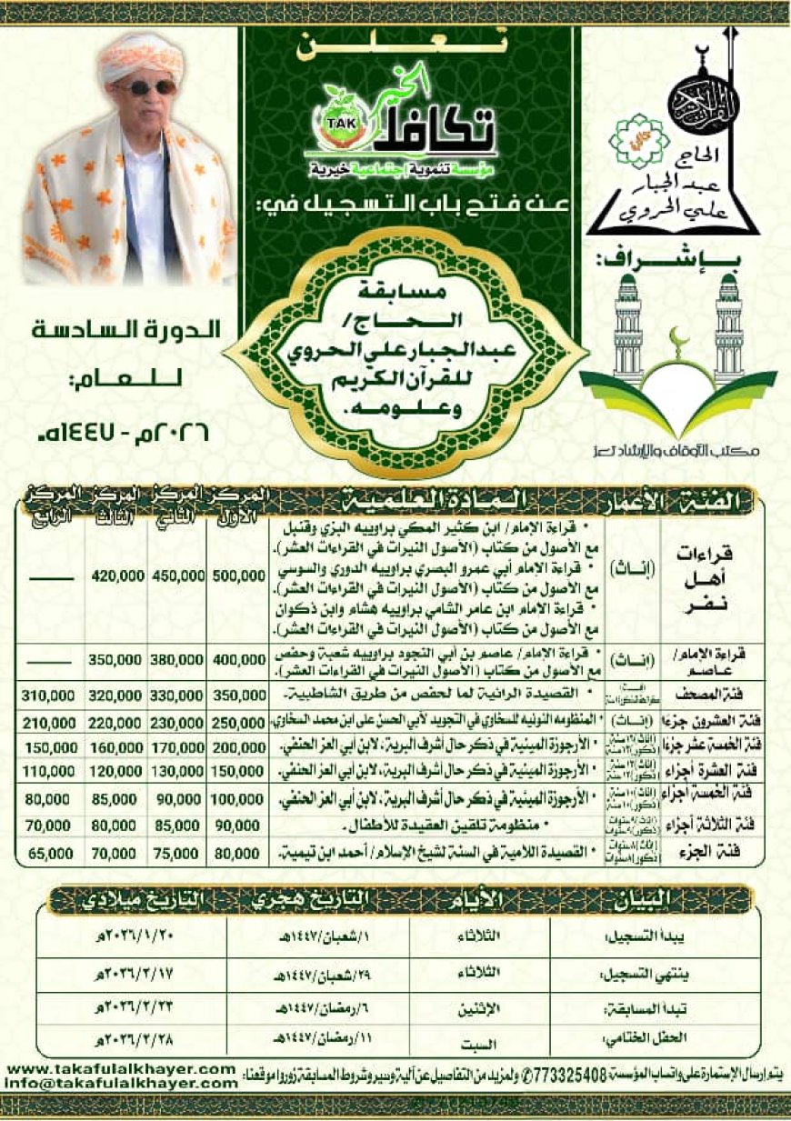 مؤسسة تكافل الخير تعلن عن فتح باب التسجيل للمشاركة في الدورة السادسة من مسابقة الحاج عبدالجبار الحروي للقرآن الكريم وعلومه للعام 1447- 2026