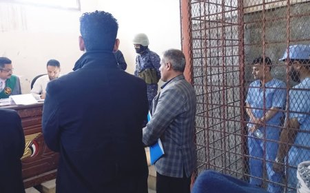 تعز.المتهم غزوان المخلافي وستة متهمين آخرين يمثلون أمام المحكمة الجزائية المتخصصة في قضايا جنائية جسيمة