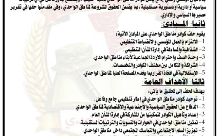 حلف كوادر مناطق الواحدي يُصدر وثيقة الرؤية والمبادئ والأهداف