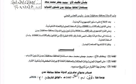 قرار رسمي بتكليف محمد جعفر مستشاراً لشؤون الشباب بمحافظة عدن